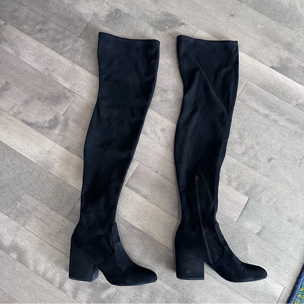 Steve Madden over the knee boots block heel almond black faux suede Loyal 7,5
